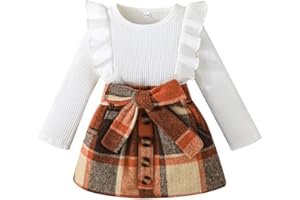 Noubeau Toddler Baby Girls Plaid Outfits Knit Ribbed Sweatshirt Shirt Tops Red Plaid Belt Skirt Fall Winter Clothes