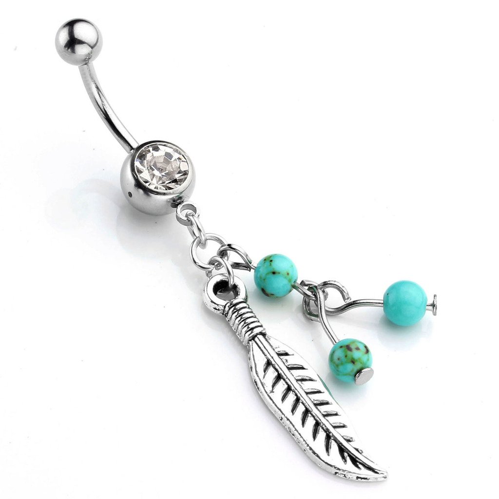 JSDDE Piercing,Edelstahl Bauchnabelpiercing mit Feder Anhänger und Türkis Perlen,Zirkonia Belly Ring Bauchnabel Piercing