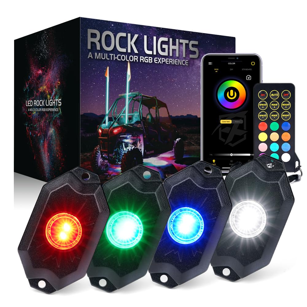 Photo 1 of **missing parts** only 2 pods**
Xprite RGBW LED Rock Lights Kit with Bluetooth & Wireless Remote Controller, Multicolor Cars Underglow, Wheel, Footwell Neon Light Kits, for Off-Road UTV ATV Trucks SUV Motorcycle Boats - 4 Pods