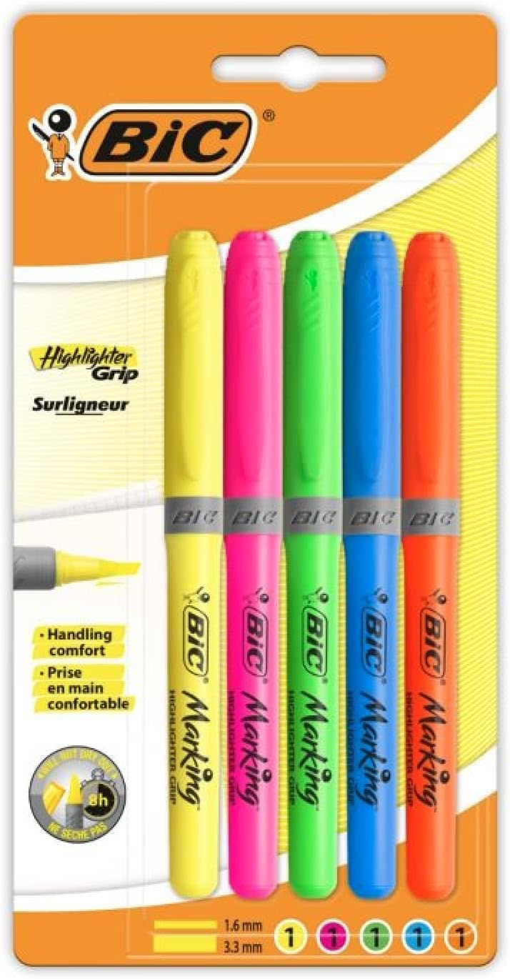 BIC Highlighter Grip Chisel Tip Assorted 5 Count Pens School Office
