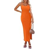 Pink Queen Women's Sleeveless Bodycon Slip Dress Spaghetti Strap Backless Ribbed Split Maxi Long Dresses
