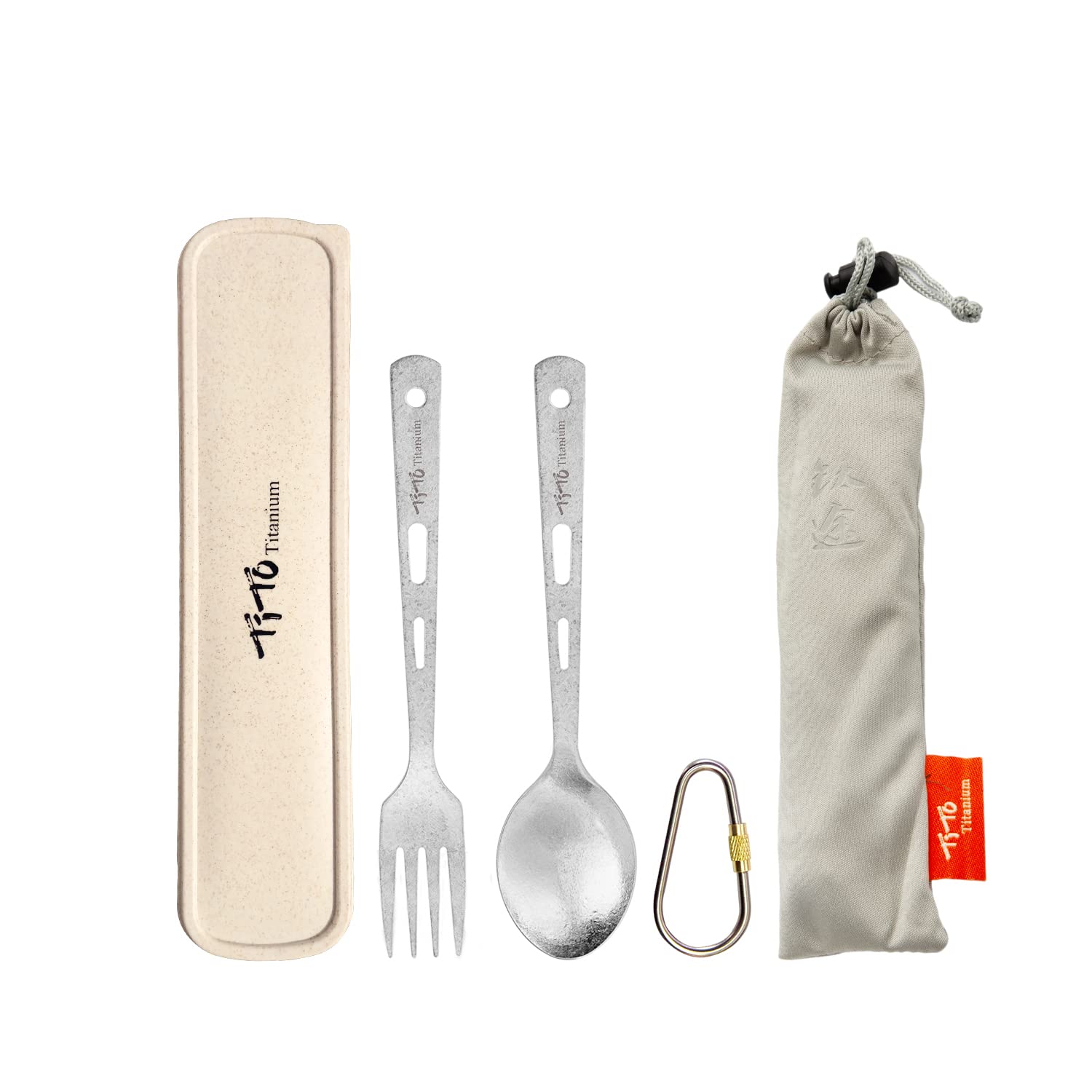 TiTo Titanium Spork Tableware Set Outdoor Camping Titanium Spoon Knife Collection 3 New Environmental Protection Sets with Box And Cloth Bag (2pcs titanium set)