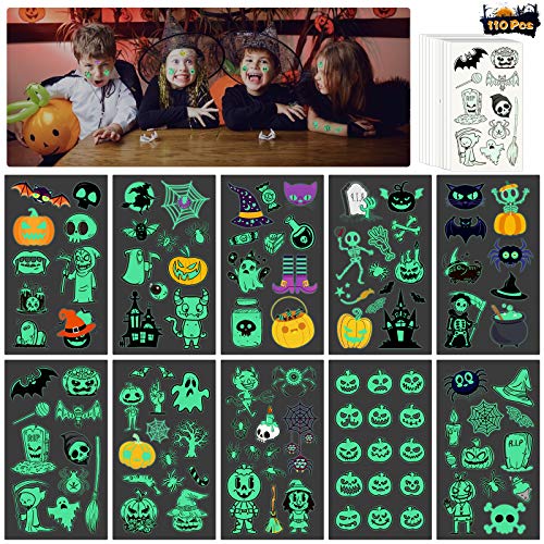Kids Halloween Temporary Tattoo, MEZOOM 110pcs Glowing in Dark Ghost Temporary Tattoos Luminous Pumpkin Fake Sticker Halloween Themed Cobweb Bat Skeleton Spider for Boys Girls Party