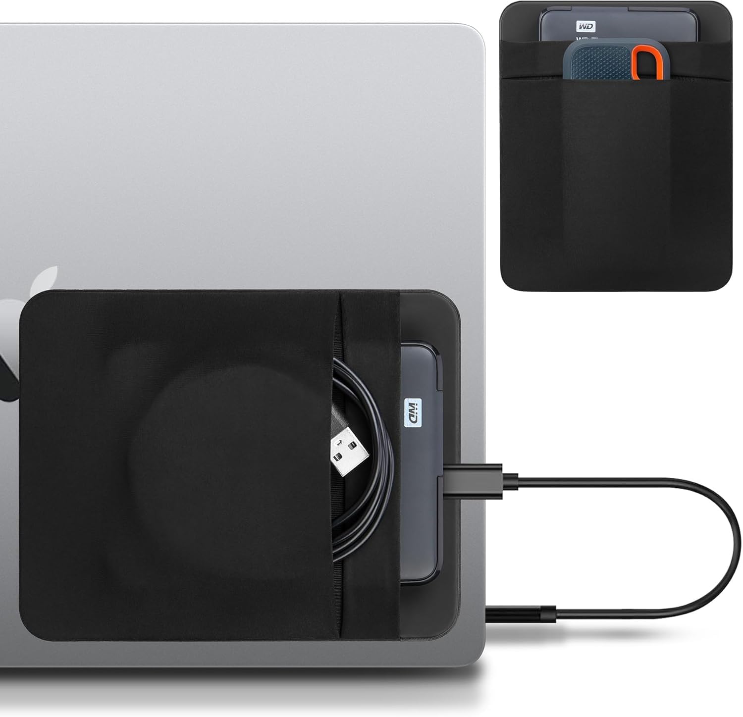 Photo 1 of Lacdo Portable External Hard Drive Carrying Case, 2-Pocket Stick on Pouch Holder for Laptop, Fit 2.5" Seagate, WD, Toshiba External HDD, SSD, Wireless Mouse,Cable, Sleeve with Reusable Adhesive, Black