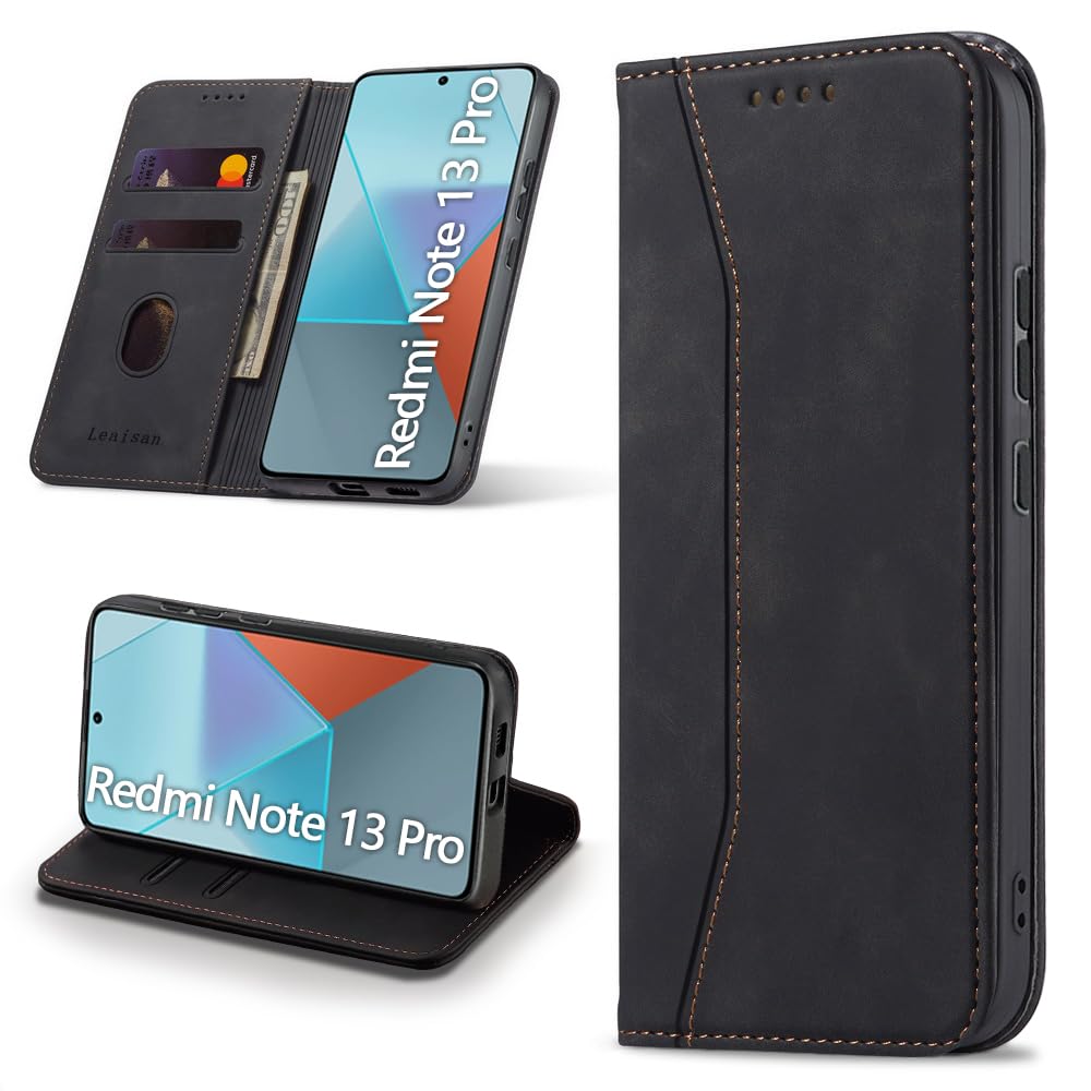 Leaisan Mobile Phone Case for Xiaomi Redmi Note 13 Pro 5G, for Xiaomi Poco X6 5G Premium Leather Flip Foldable Shockproof Magnetic Phone Case with Stand Function, Card Slots, Protective Cover - Black