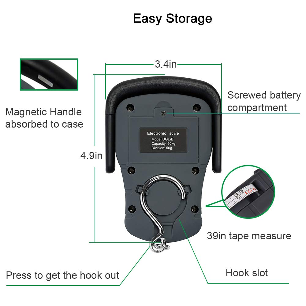 KINGON Digital Hanging Luggage Scale with Comfortable Handle and Large Hook, 110lb/50kg, Backlit Portable Scale for Travel Fishing with Tare/Hold Function, AAA Batteries Included, Grey