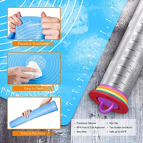 FIREOR Rolling Pin with Thickness Rings, Adjustable Stainless Steel Dough Roller with Silicone Non Stick Pastry Baking Mat for Dough, Fondant, Pizza, Pie, Pastries, Pasta and Cookies