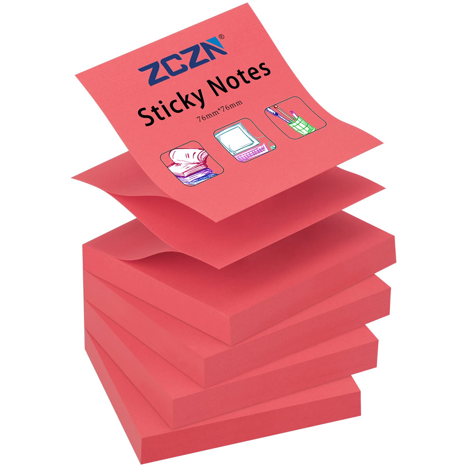 ZCZN Pop-up Sticky Notes 76 x 76 mm, 4 Pads Bright Colour Self-Stick Notes, 100 Sheets/Pad, Red
