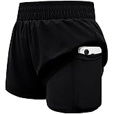 WIFFGO Girls Athletic Shorts Elastic High Waist 2 in 1 Shorts with Side Pockets Running Workout Sports for Teen Kids