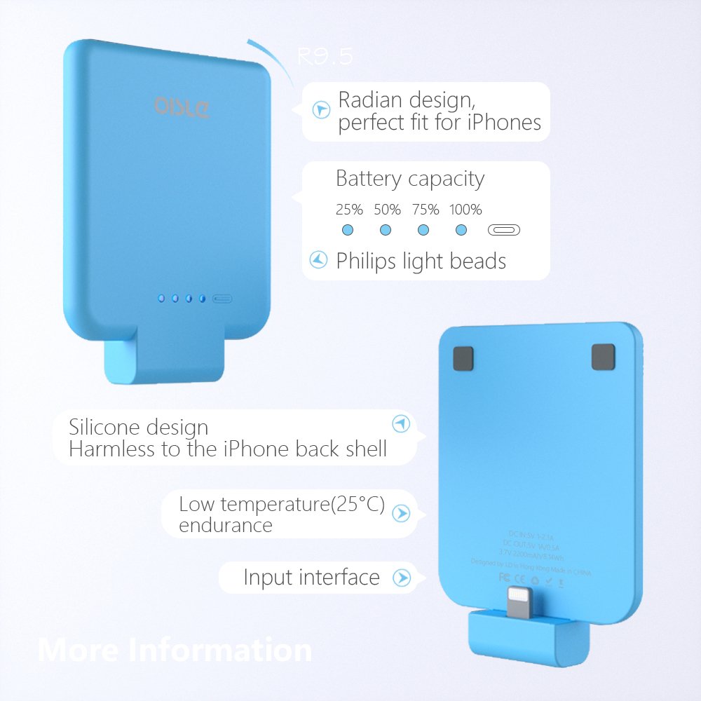 oisle iPhone Mini Power Bank MP282 2200mAh,Ultra Thin Wireless Backup Battery(0.28inch Thickness,51g Weight) High-Speed Charging Mode External Battery for iPhone 5(s)/6(s)/7 (Blue)