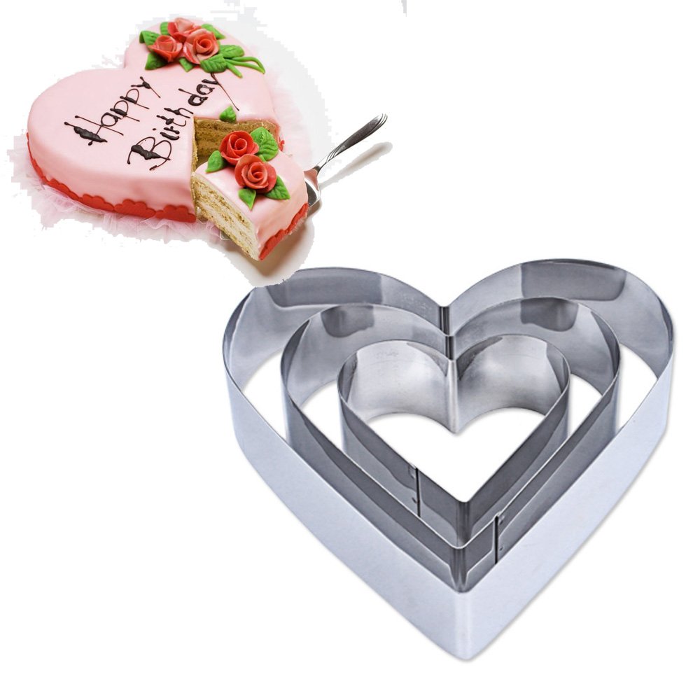TAMUME Stainless Steel Heart-Shape Cake Tin Set of 3 for Layer Cake Mould Mousse Ring Mould Ideal for Wedding Cake Mould Set and Dessert Mould (Heart)