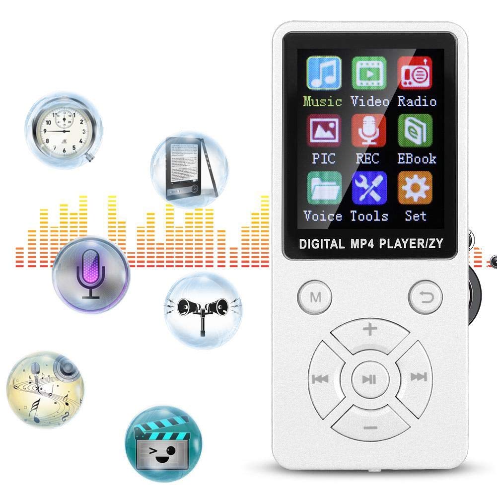 MP3 MP4 Player with Bluetooth 4.2 1.8 inches Portable HiFi Lossless Sound Video Multifunctional Player Touch Button Music Speaker Support up to 32GB Memory Card (White)
