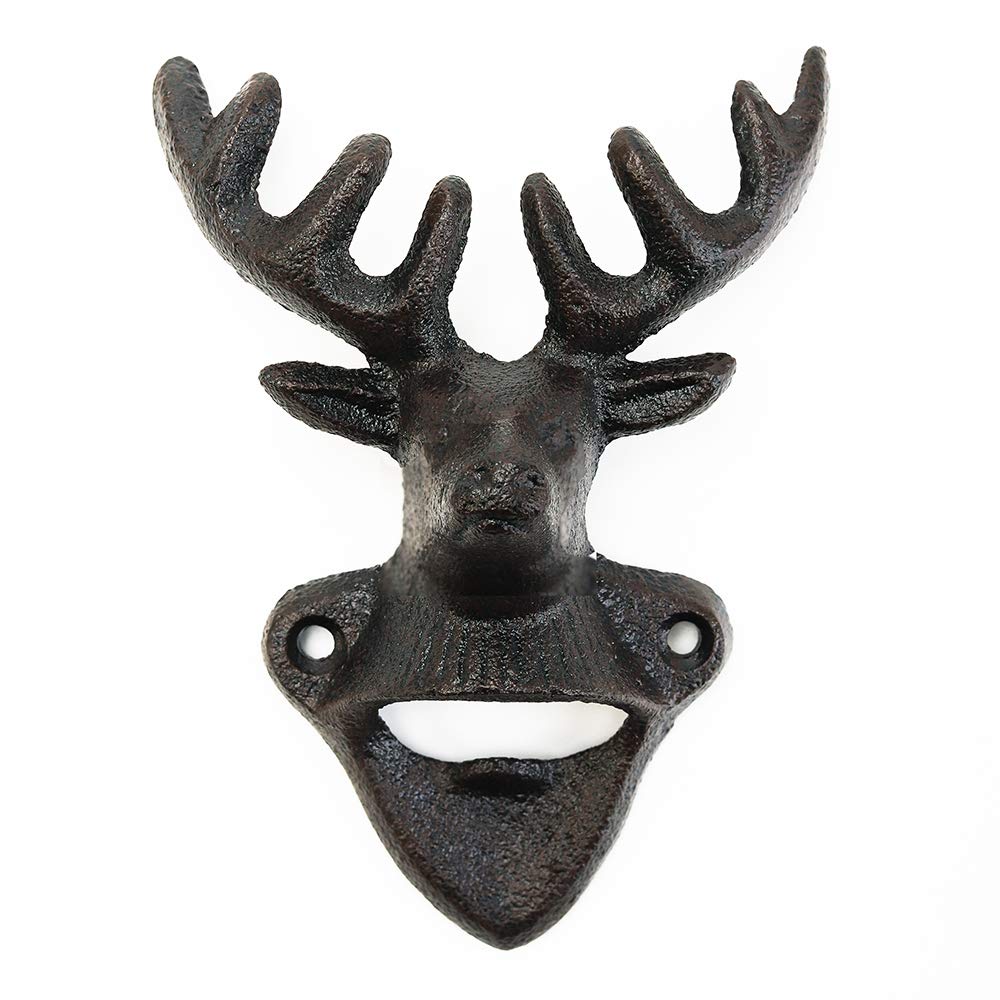 Sungmor Wall Mounted Bottle Opener, Cast Iron Cool Deer Head Bottle Opener, Beer Coke Beverage Bottle Cap Opener, Vintage Rustic Style Wall Hanging Opener, Bar Farmhouse Wall Ornament, Practical Gift