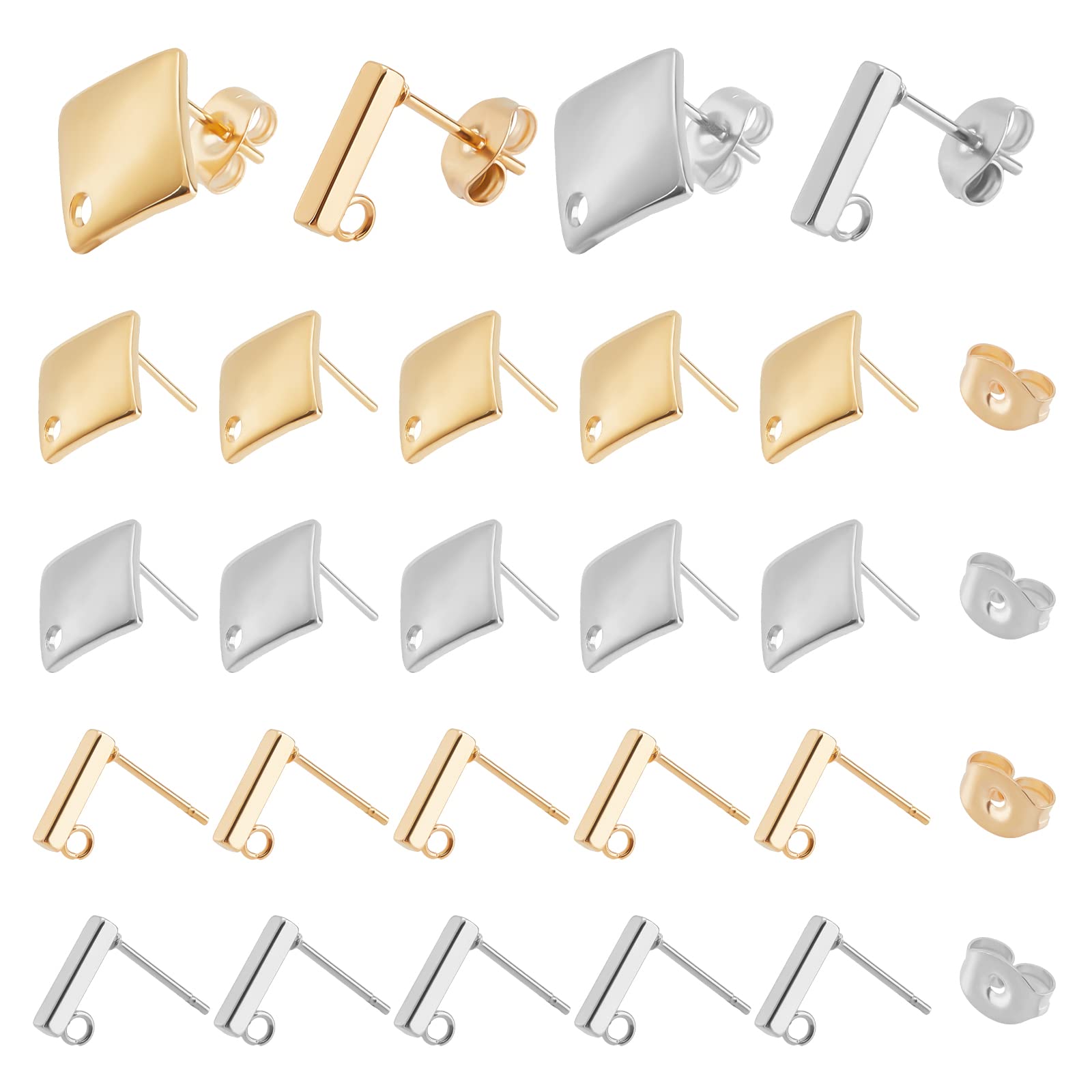 UNICRAFTALE 40 Sets 4 Styles Stainless Steel Stud Earring Findings 2 Colors Hypoallergenic Earrings Stud Rhombus Rectangle Earring Components Geometry Earring Making Parts DIY Earring Supplies