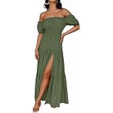 ZESICA Women's 2026 Boho Sexy Off Shoulder Short Sleeve Smocked Side Split Flowy A Line Tiered Long Maxi Dress with Pockets