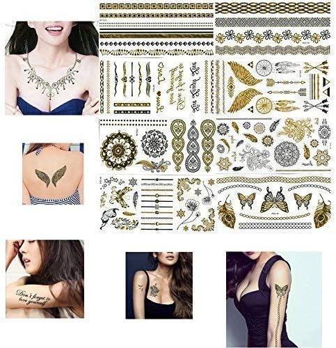 6 Sheets Bollywood Dance Bohemian Flower Child Hippie Rose Gold Temporary Tattoo Cover up Mandala Mehndi Metallic Flash Fake Tattoos 120+ Gold Shimmering Body jewelery Stickers Stretch Mark Cover up