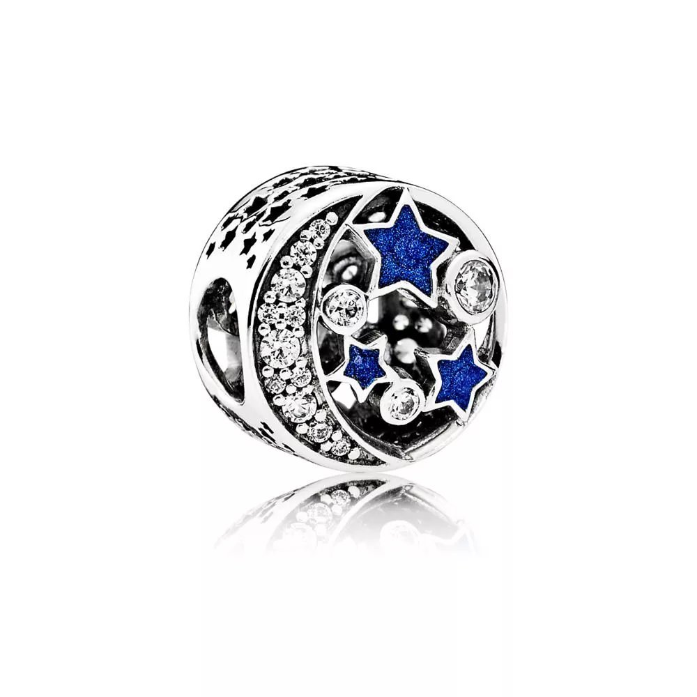 Stonebeads Vintage Night Sky Charm with Clear Cubic Zirconia Enamel in 925 Sterling Silver Beads