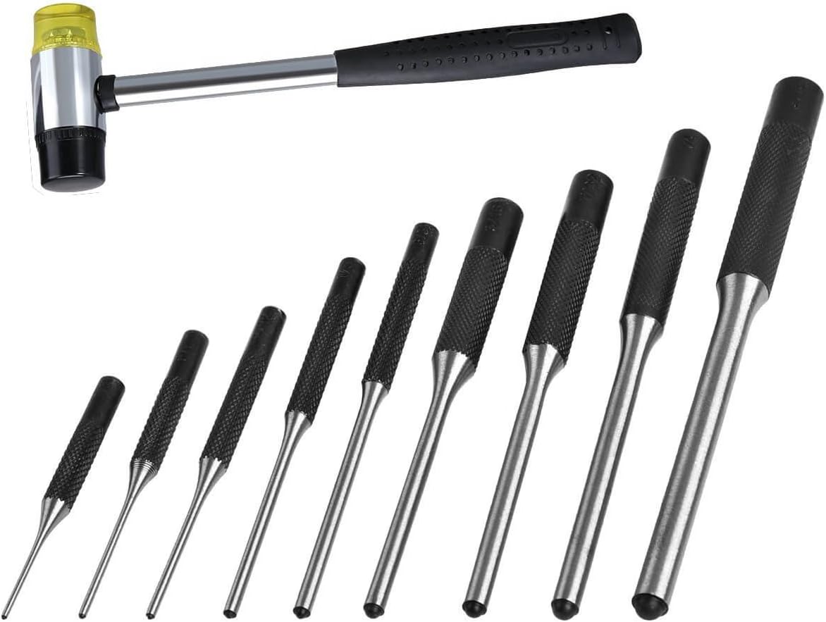 Xage 9 Pieces Roll Pin Punch Set - Tool Kit for Jewelers/Gunsmith/Watch Makers/Repairs and Crafts with 1 Double faced mallet
