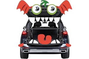Noiclub Halloween Cute Red Monster Face Trunk Or Treat Car Decorations Kits for SUV Outdoor, Adorable Big Eyes,Gaping Mouth,Cow-Like Horns for Car Garage Door Entryway Archway Decor, 2 Green Ribbons