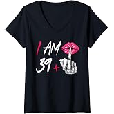 Womens I'm 39 plus 1 middle finger Skull funny 40th birthday V-Neck T-Shirt