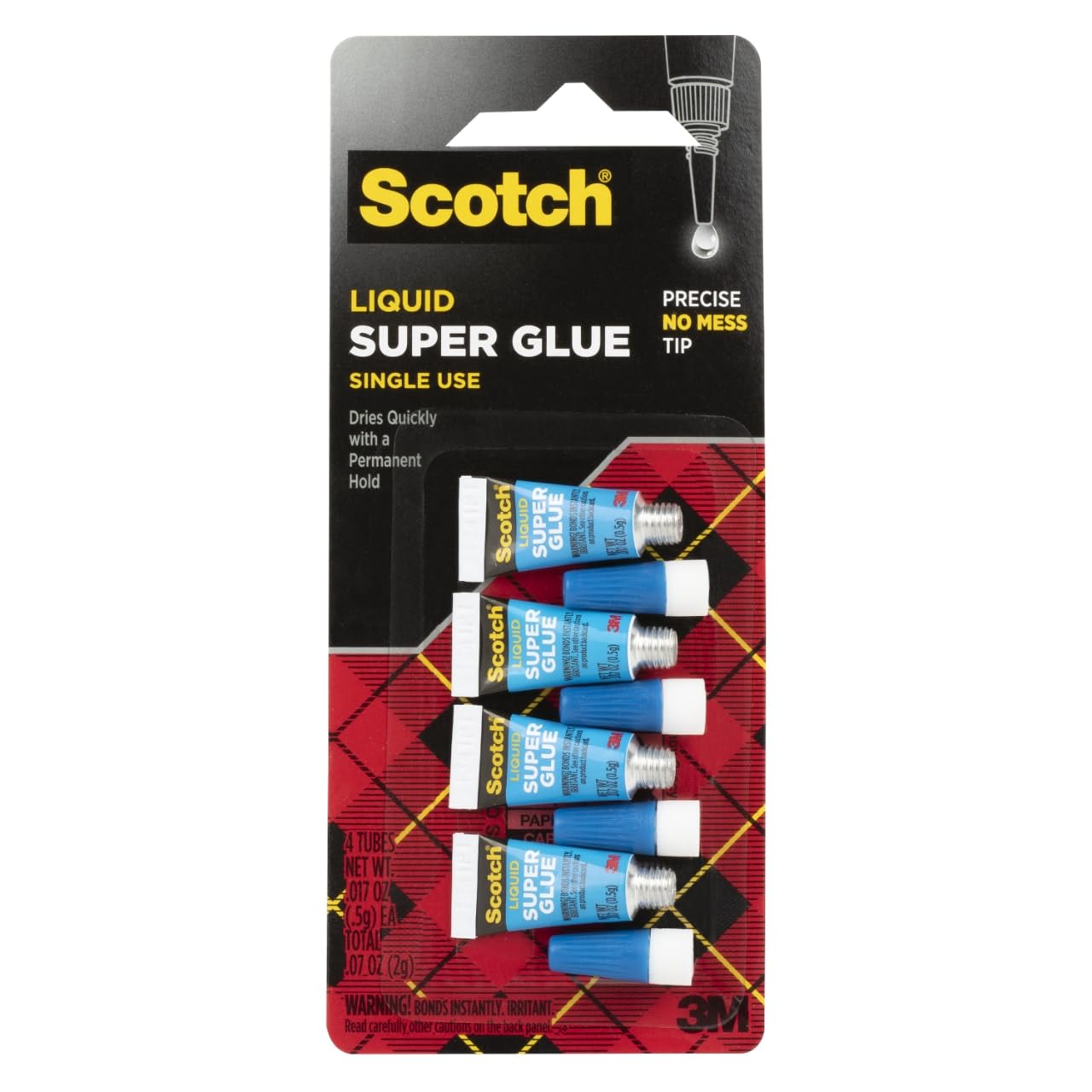 Scotch Super Glue Liquid, 4-Pack of Single-Use Tubes, .017 oz Each, Fast Drying Liquid Formula (AD114)