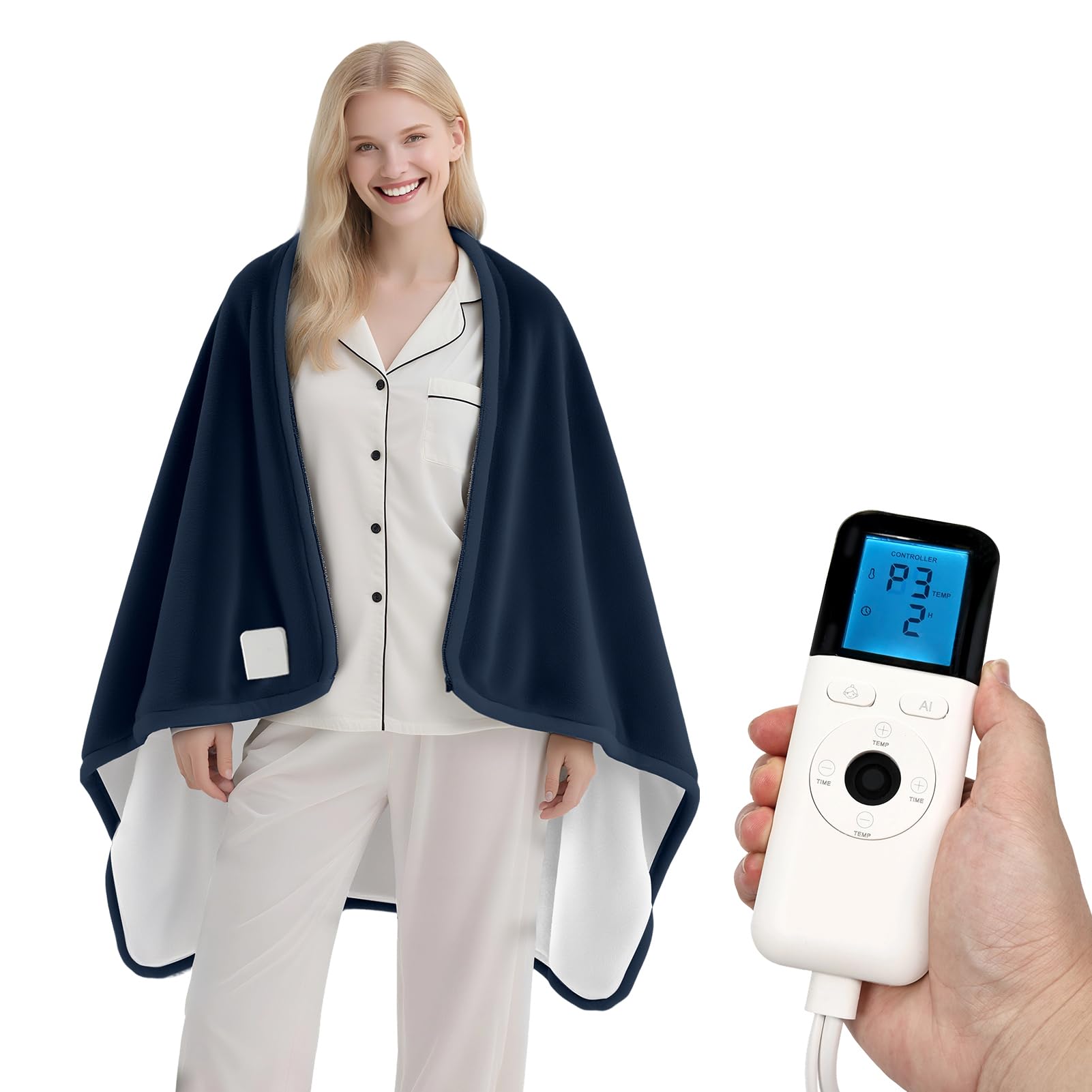 Photo 1 of Heated Wearable Shawl, Heated Blanket Electric Throw for Gifts, 33x59 Inch Super Cozy Soft Wearable Blanket with 6 Heating Levels & 5 Timer Settings, Auto Shut Off, Machine Wash (Navy Blue)