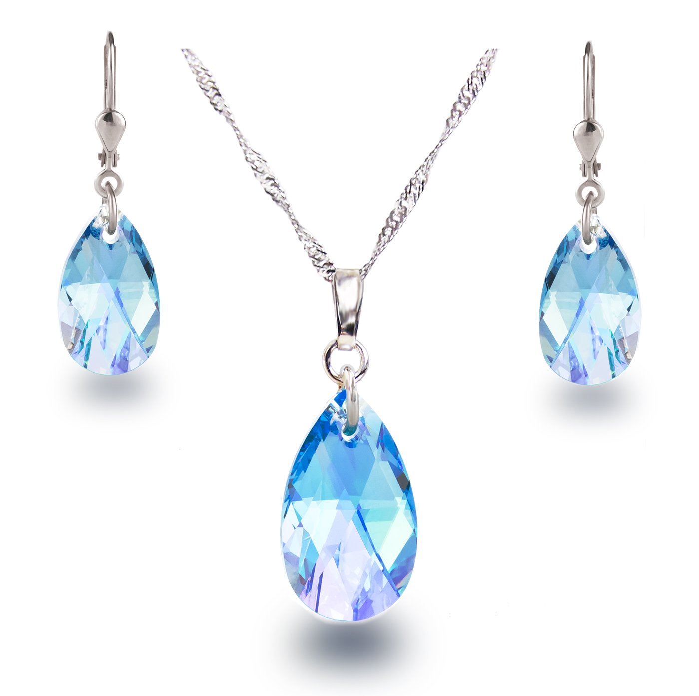 Schöner-SD 925 silver jewellery set with crystal drops in Aquamarine blue