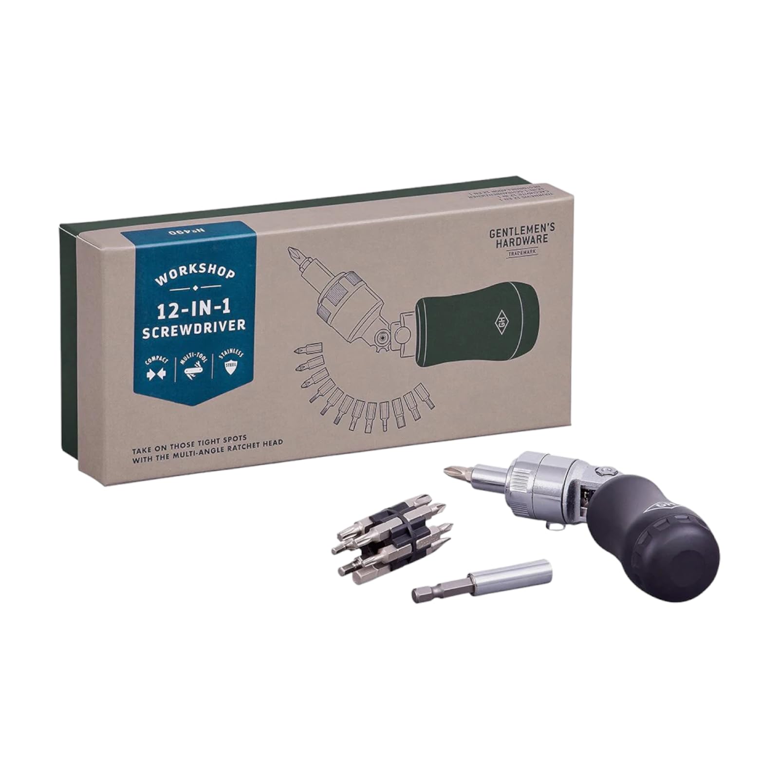 Gentlemen's Hardware 12-in-1 Screwdriver Multi-Bit Multi-Angle Ratchet Head Screw Driver, 5-Position, Stainless Steel