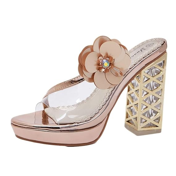 Komise Damen Sommer Blume Kristall Casual Dicker Absatz Hausschuhe Mode High Heels Tanzparty Schuhe