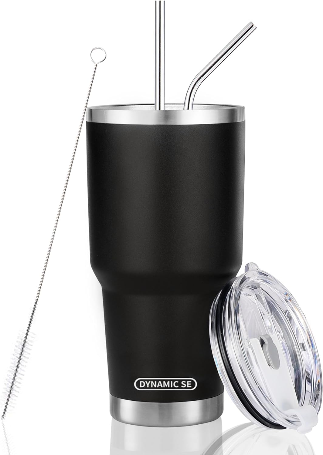 D·S 30 oz Black Tumbler Stainless Steel Double Wall Vacuum Insulated Mug with Straw and Lid, Cleaning Brush for Cold and Hot Beverages