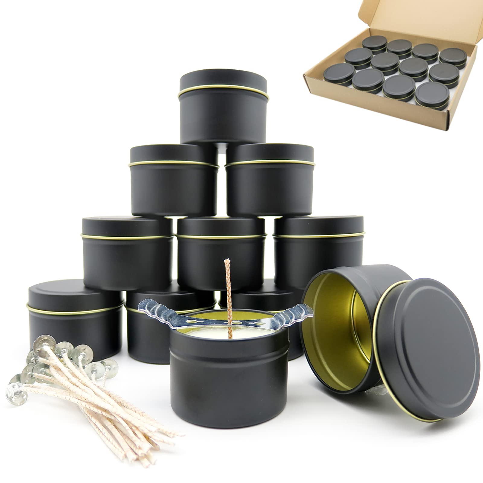 KOOLPUG Candle Tins - 4 oz, 12 pcs Metal Containers with Pre-Waxed Wicks, Perfect for DIY, Crafting, Storage (Black)