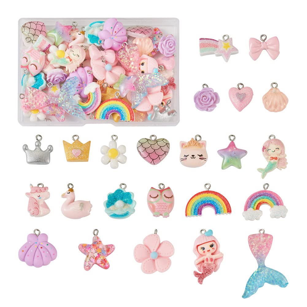 Cheriswelry 46Pcs Mermaid Tail Rainbow Resin Charm Flat Back Cute Starfish Shell Flower Heart Resin Dangle Pendant with Loops for DIY Jewelry Making