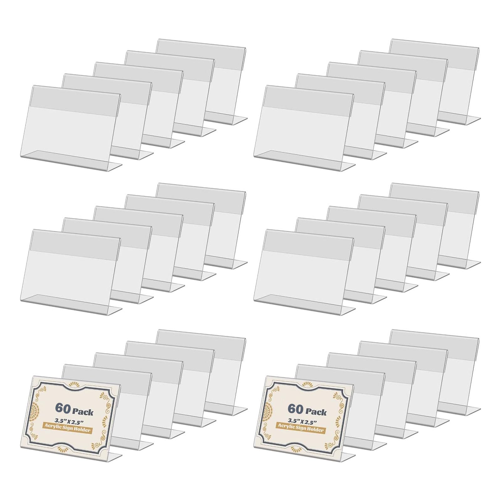 SIYOMG Clear Acrylic Sign Display Holder, 60 PCS 2.5X3.5In Slanted L Shape Price Name Card Tag Label Counter Top Stand for School Office Supermarket Store