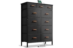 Casaottima Dresser with Charging Station, 52-Inch Tall Dresser for Bedroom, Large Dresser with 11 Storage Drawers, Fabric Chest of Drawers for Living Room, Dark Grey