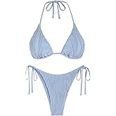 ZAFUL Bikini Sets for Women Halter Two Piece Swimsuit Ribbed High Cut Tie Side Thong Bathing Suit Sexy Padded Swimwear
