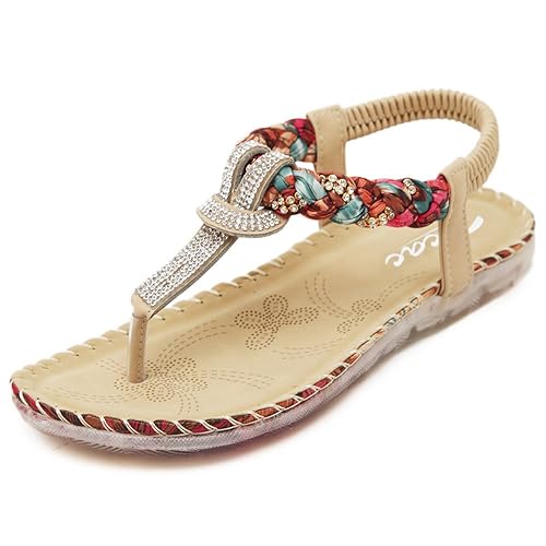 Zicac Damen Sandalen Sommer Flip Flops Böhmische Stil Flache Schuhe Strass Roman Runde Kopf Knöchelriemen Geflochtene T-Strap Sandalen Flats Thong Strand Hausschuhe