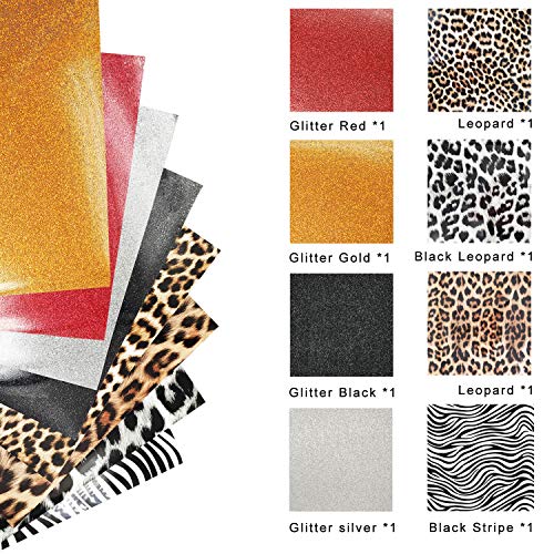 Glitter Vinyl Iron On Heat Transfer Silver Gold,HTV Pattern Vinyl Bundle Leopard 8 Sheets(10\