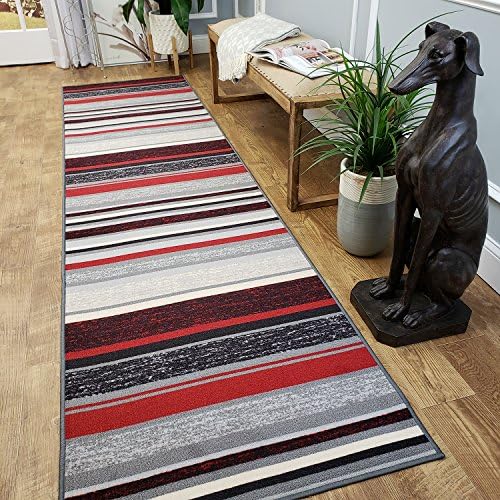CUSTOM CUT 22-inch Wide by 40-feet Long Runner, Red &amp; Black Stripes Non Slip, Non-Skid, Rubber Backed Stair, Hallway, Kitchen, Carpet Runner Rug - Choose your Width by Length