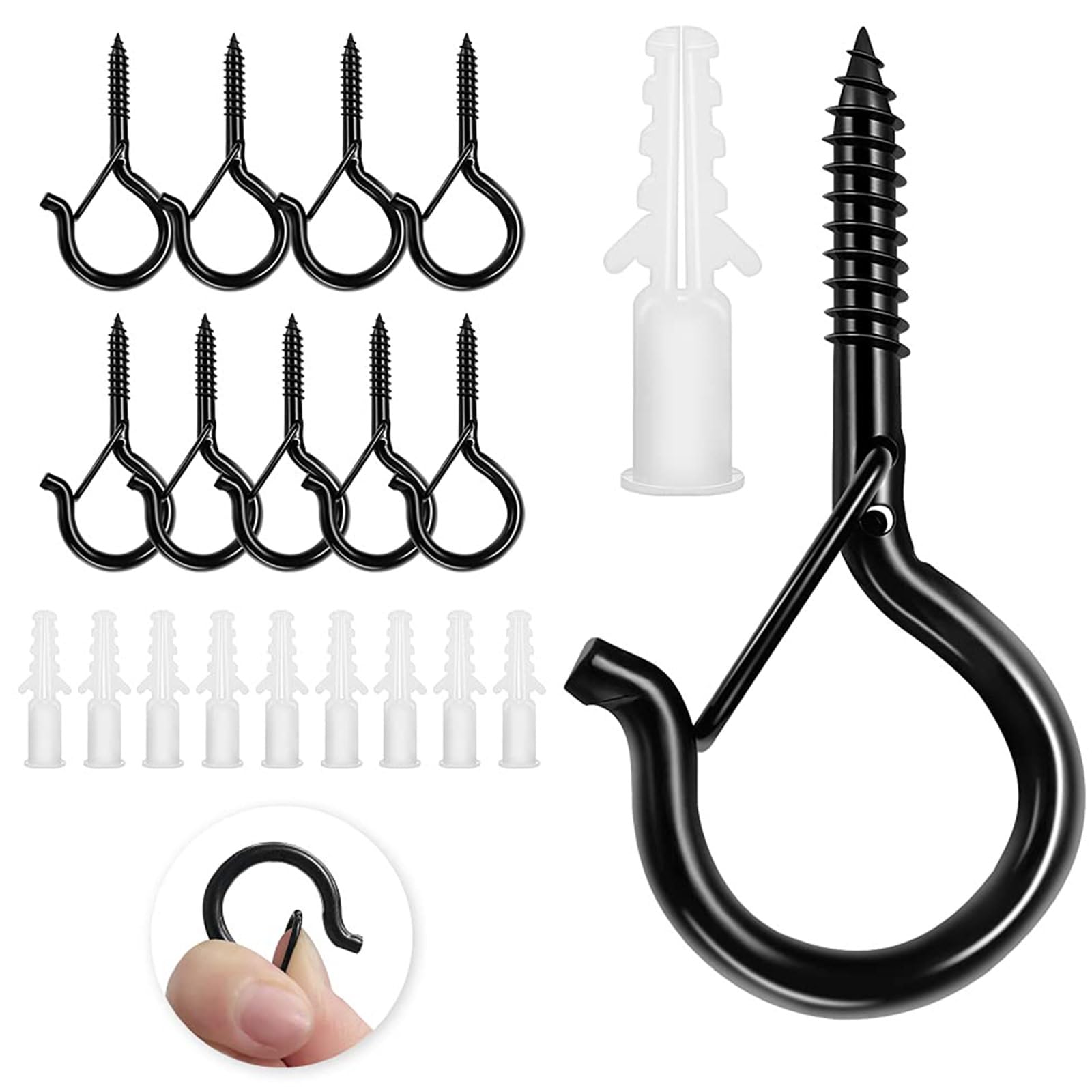 FYHJNC 12Pcs Heavy Duty Screw Hooks with Safety Lock - 40lbs Q-Hanger Hooks for Outdoor Indoor Use, Includes Wall Plugs for Wind Chimes Plants String Lights