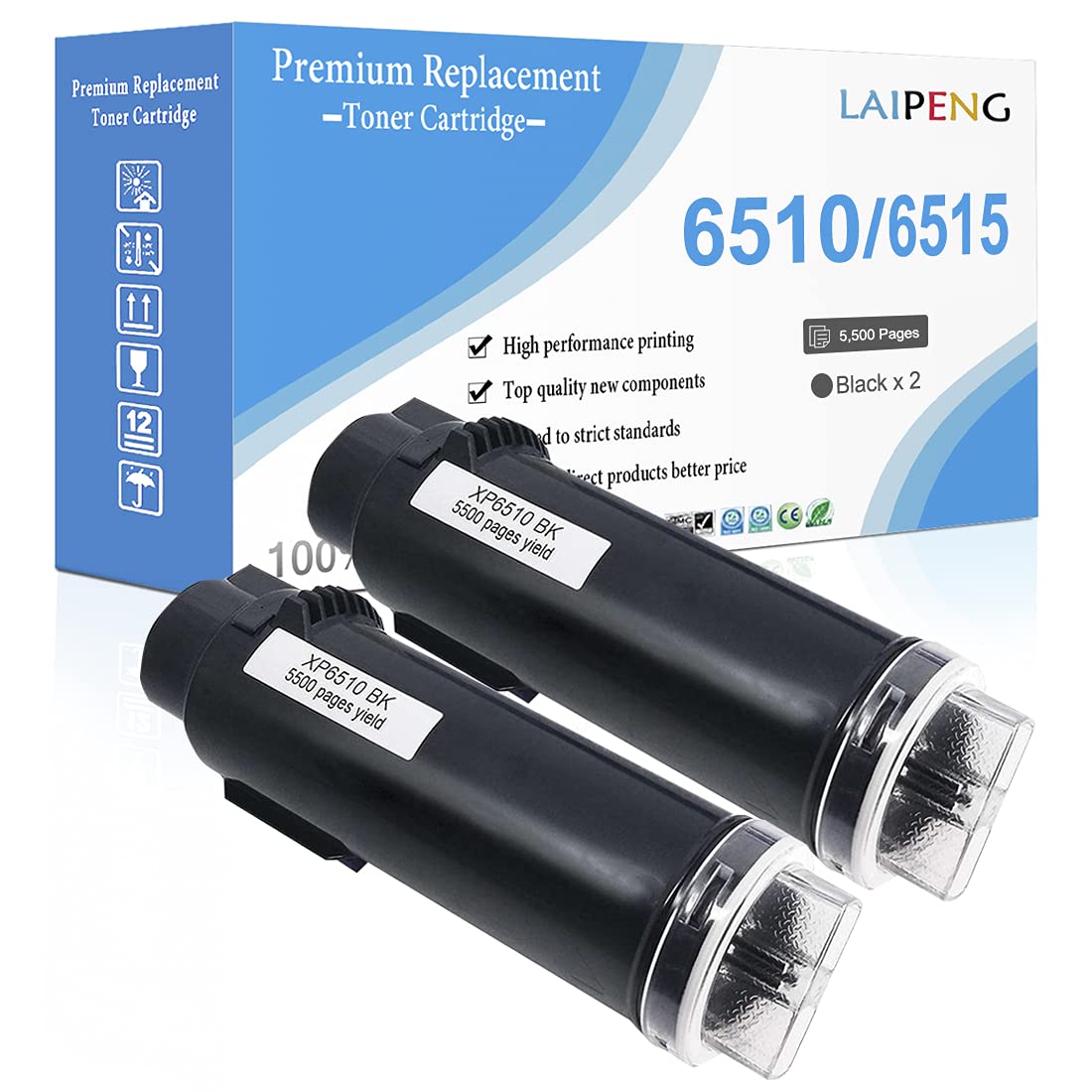 2 Blacks Compatible Toner Cartridges Extra High Capacity 5500 Pages for Xerox Phaser 6510 6510n 6510dn 6510dni, WorkCentre 6515 6515n 6515dn 6515dni