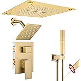 VANFOXLE Shower Faucet Set Brushed Gold Shower System,Shower Faucet with 2 in 1 Handheld,Ceiling Mount 16 Inch Shower Head+6 Inch Shower Head(Rough-in Valve Body and Trim)