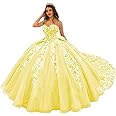 Mouccy Luxury Lace Strapless Quinceanera Dresses Puffy Beaded Long Ball Gowns with Train 3D Floral Sweet 16 Dresses with Bow