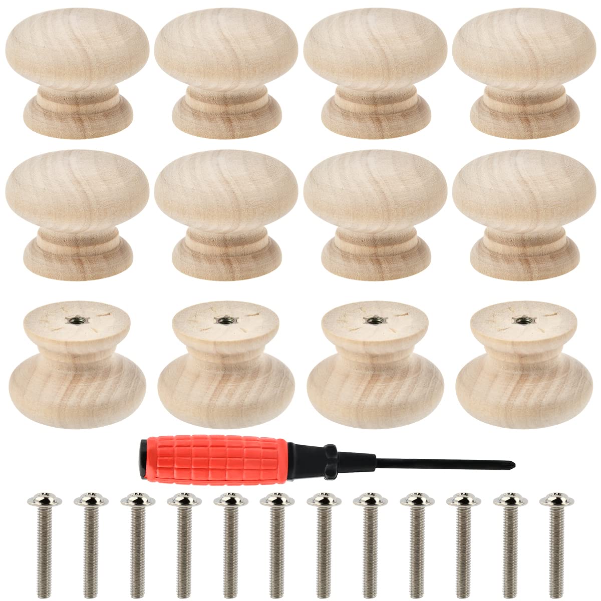 Round Wooden Drawer Knobs and Handles - 12PCS Cabinet Door Handles for Kitchen Cupboards, Chest of Drawers - 35mm/1.37'' Wood Knobs