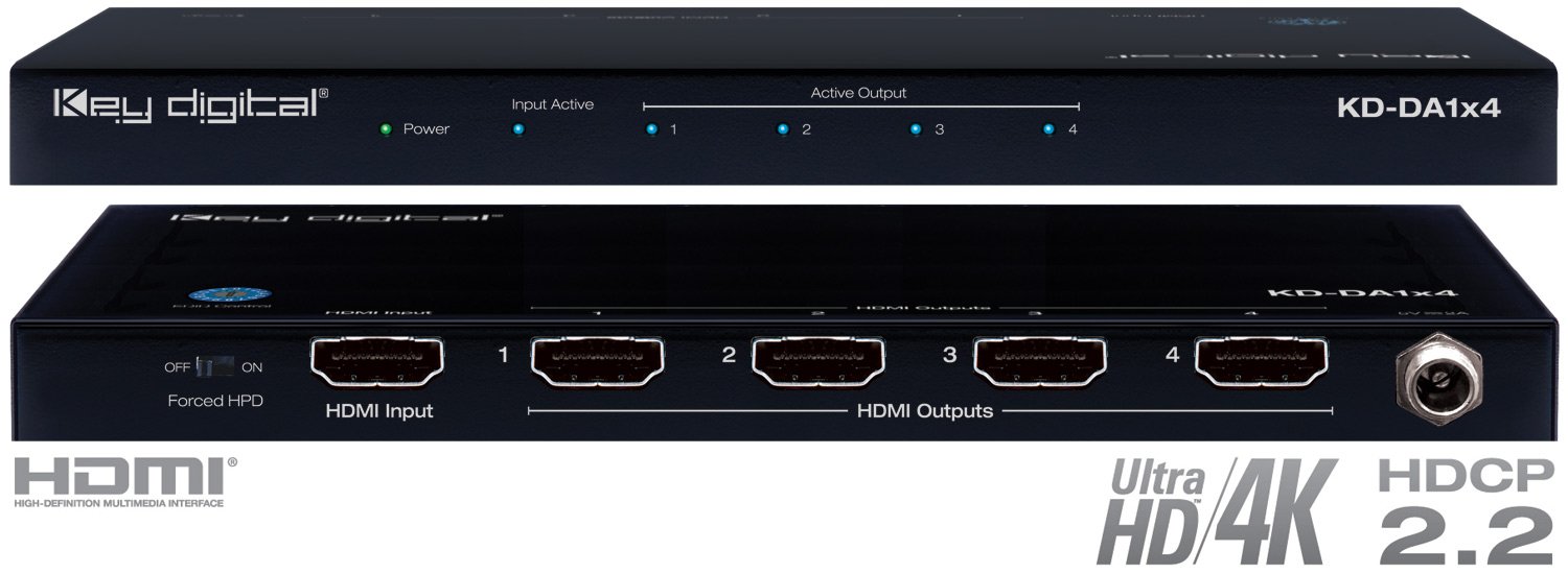 Key Digital KD-DA1x4 1 Input to 4 Outputs HDMI Distribution Amplifier, supports Ultra HD/4K & HDCP 2.2