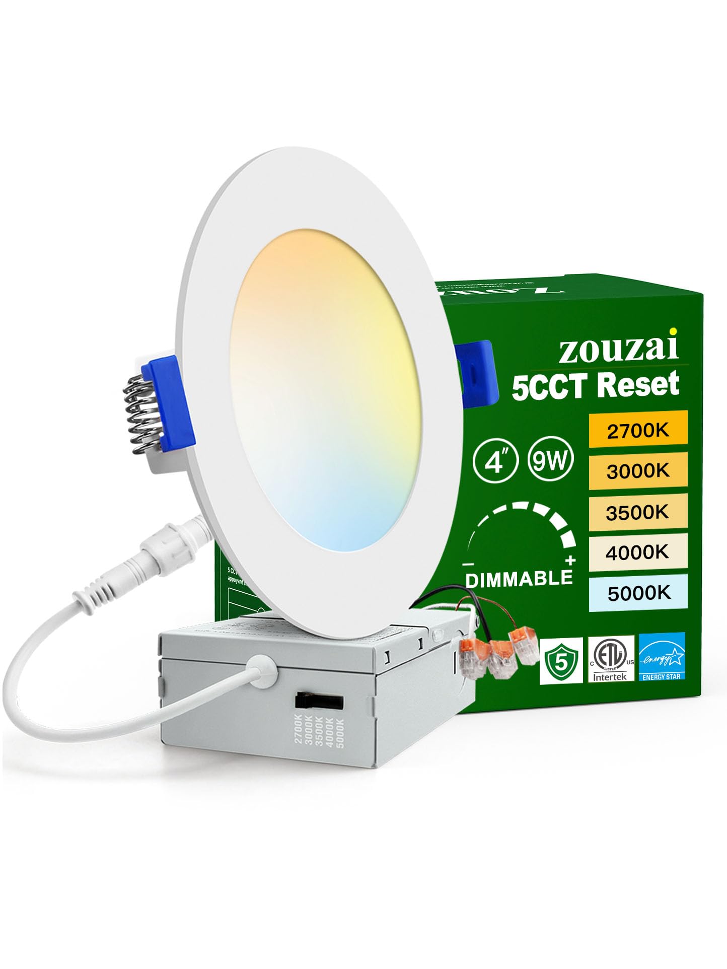 Photo 1 of zouzai 1 Pack 4 Inch 5CCT Ultra-Thin LED Recessed Ceiling Light with Junction Box, 2700K/3000K/3500K/4000K/5000K Selectable, 9W Eqv 80W, Dimmable, led can Lights - ETL and Energy Star Certified