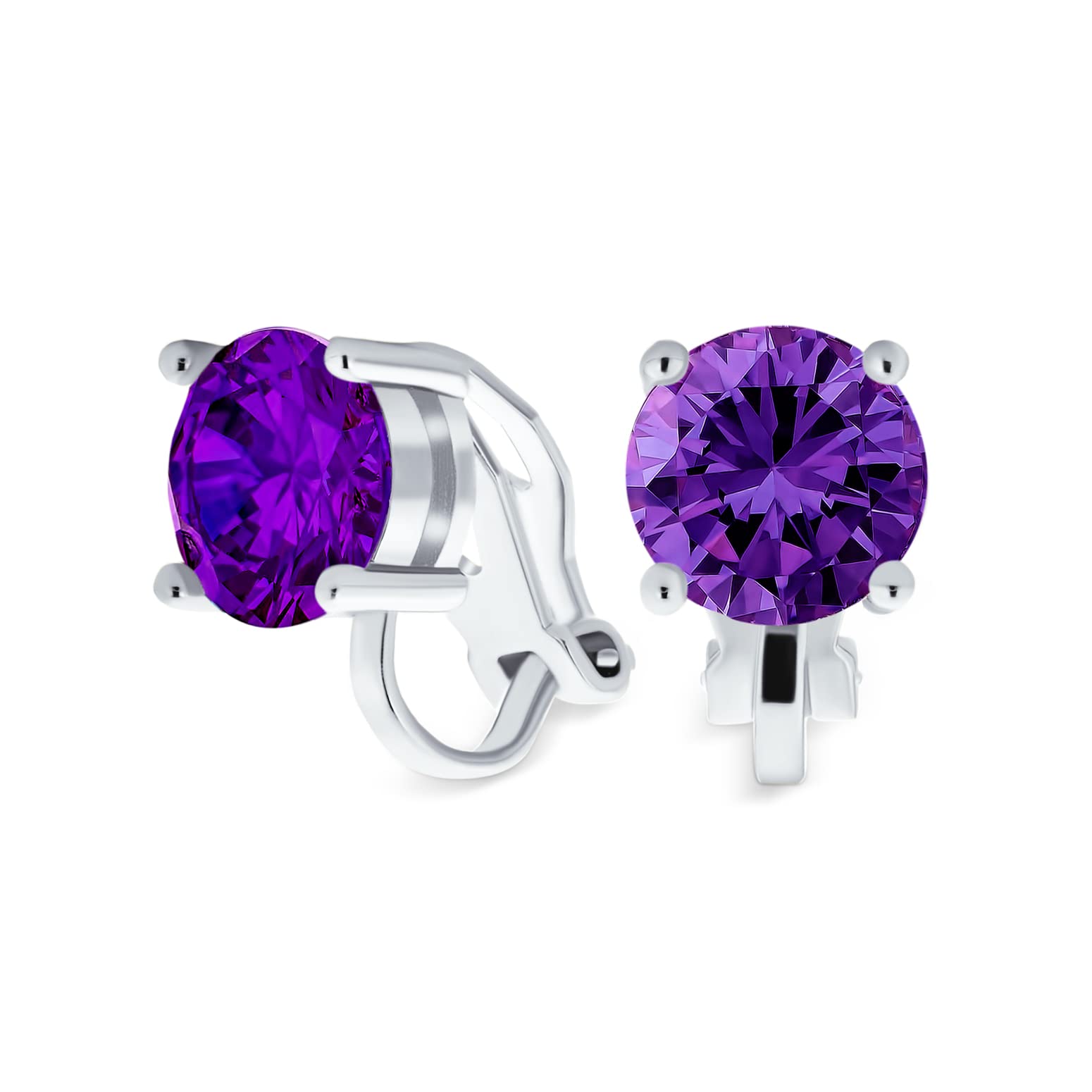 Purple Brilliant Cut Solitaire Round Cubic Zirconia CZ Clip On Stud Earrings Simulated Amethyst Silver Plated Brass
