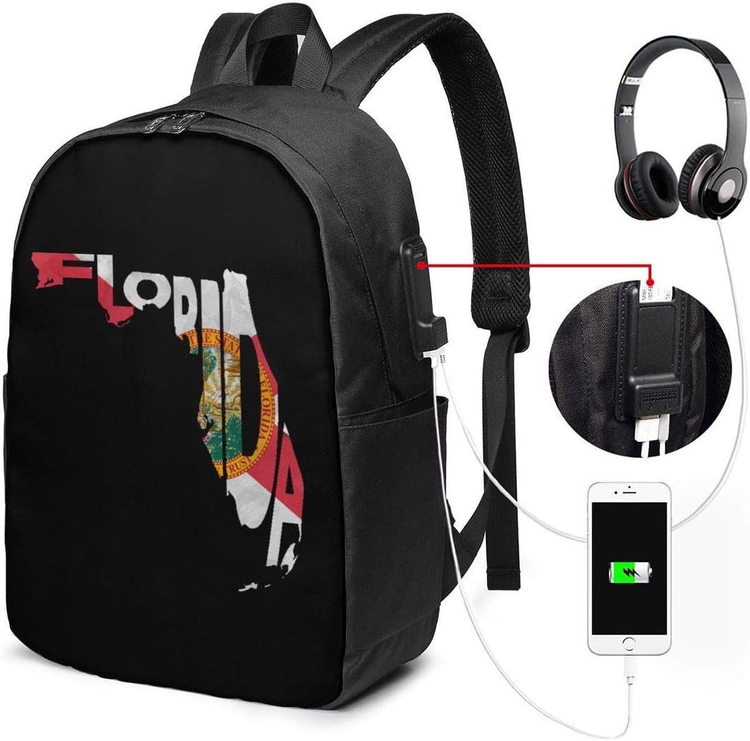 Florida Typo Map Laptop Backpack 17 Inch with Charging Port, for Women Men Fashion School Bag