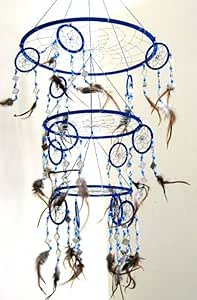 Dream Catcher - Traditional Feather and Mosaic Glass Blue Dream Catcher XLarge 3D Triple Size, 30" Long X 10" Diameter