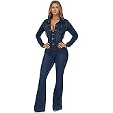 Wzmxtv Sexy Button Down Jumpsuit for Women Slim Fit Denim Long Jumpsuits Playsuit Lapel Jeans Rompers Overalls with Pockets