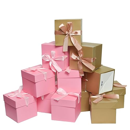 6 Gold & 6 Pink Gift Boxes with Lids,12 Pcs Beautiful Squared Boxes with Ribbons and Lids Perfect for Christmas Gift Box, New Year Gift Box（4x4x4 Inch)